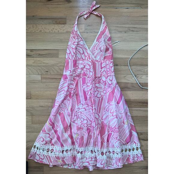 Lilly Pulitzer Women's 8 Midi Dress Pink Flamingo Print Halter Neck White Lace - Picture 3 of 15